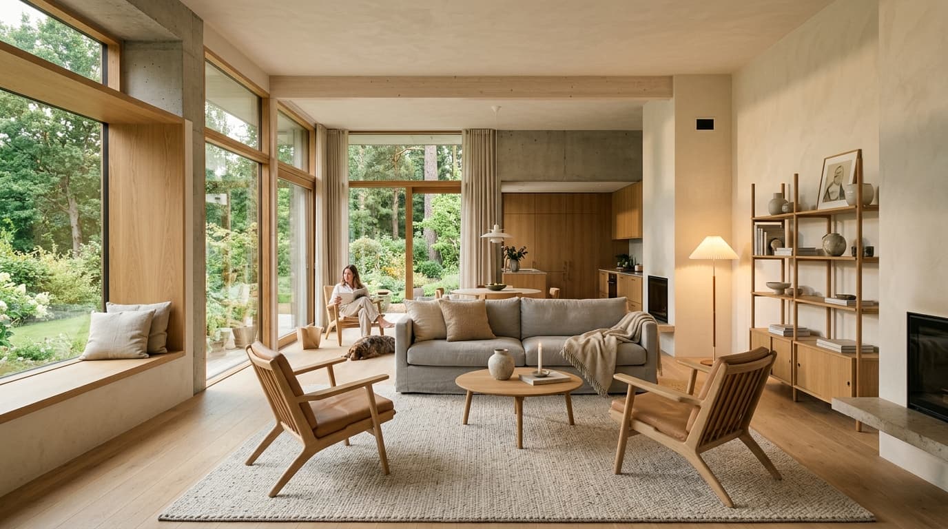 A cinematic, wide shot of a modern minimalist living room with warm natural light